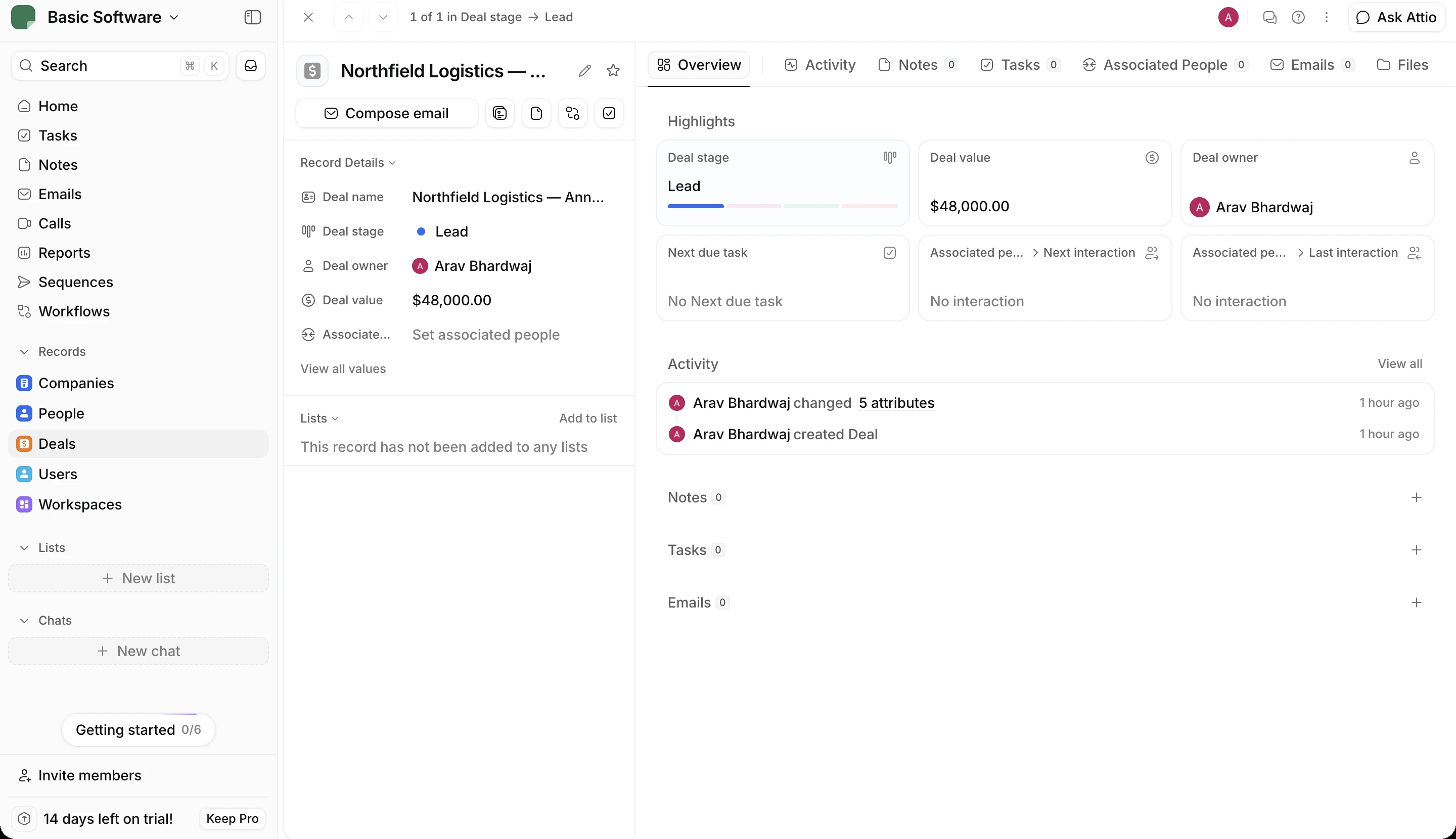 The Northfield Logistics deal in Attio, still in the Lead stage